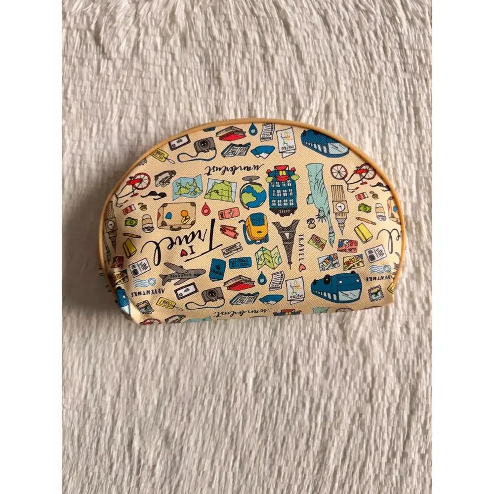 Cream Travel-themed pencil case/ make up bag  with l travel icons '